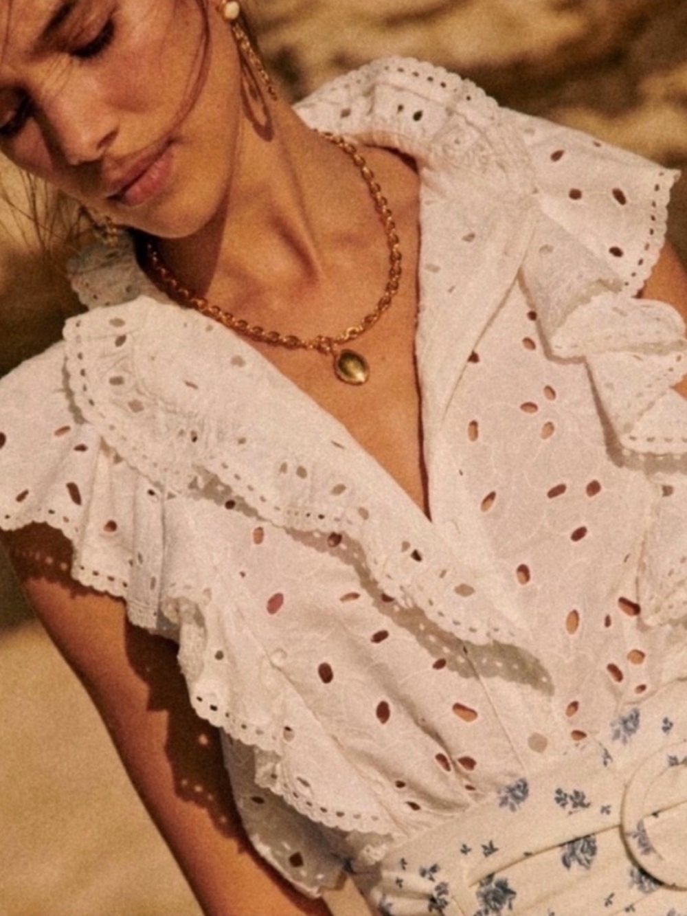 Sezane Chiara White Eyelet Ruffle V-Neck Women's Top 34